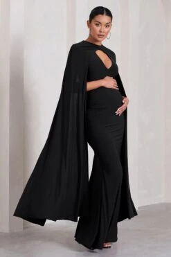 Standing Ovation | Black Plunge-Neck Cape Maternity Maxi Dress -ENY Clothing Shop WB CL129828002 StandingOvationBlackPlunge NeckCapeMaternityMaxiDressBLACK2
