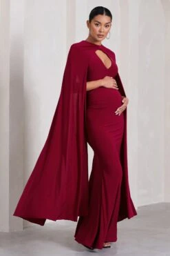 Standing Ovation | Berry Plunge-Neck Cape Maternity Maxi Dress -ENY Clothing Shop WB CL129828164 StandingOvationBerryPlunge NeckCapeMaternityMaxiDress3