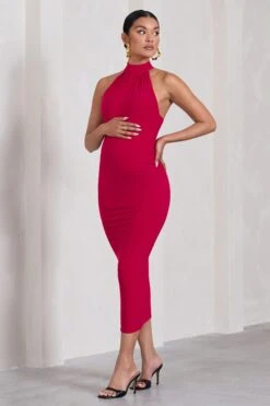 Dora | Red Halter-Neck Open-Back Maternity Midi Dress -ENY Clothing Shop WB CL129829004 DoraRedHalter NeckOpen BackMaternityMidiDress1