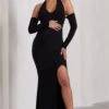 Solana | Black Halter-Neck Long-Sleeve Split Maternity Maxi Dress -ENY Clothing Shop WB CL129830002 SolanaBlackHalter NeckLong SleeveSplitMaternityMaxiDress0