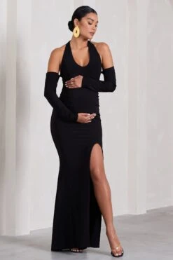 Solana | Black Halter-Neck Long-Sleeve Split Maternity Maxi Dress 11 Solana | Black Halter-Neck Long-Sleeve Split Maternity Maxi Dress -ENY Clothing Shop WB CL129830002 SolanaBlackHalter NeckLong SleeveSplitMaternityMaxiDress4