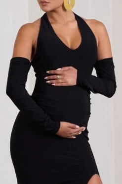 Solana | Black Halter-Neck Long-Sleeve Split Maternity Maxi Dress 9 Solana | Black Halter-Neck Long-Sleeve Split Maternity Maxi Dress -ENY Clothing Shop WB CL129830002 SolanaBlackHalter NeckLong SleeveSplitMaternityMaxiDress5