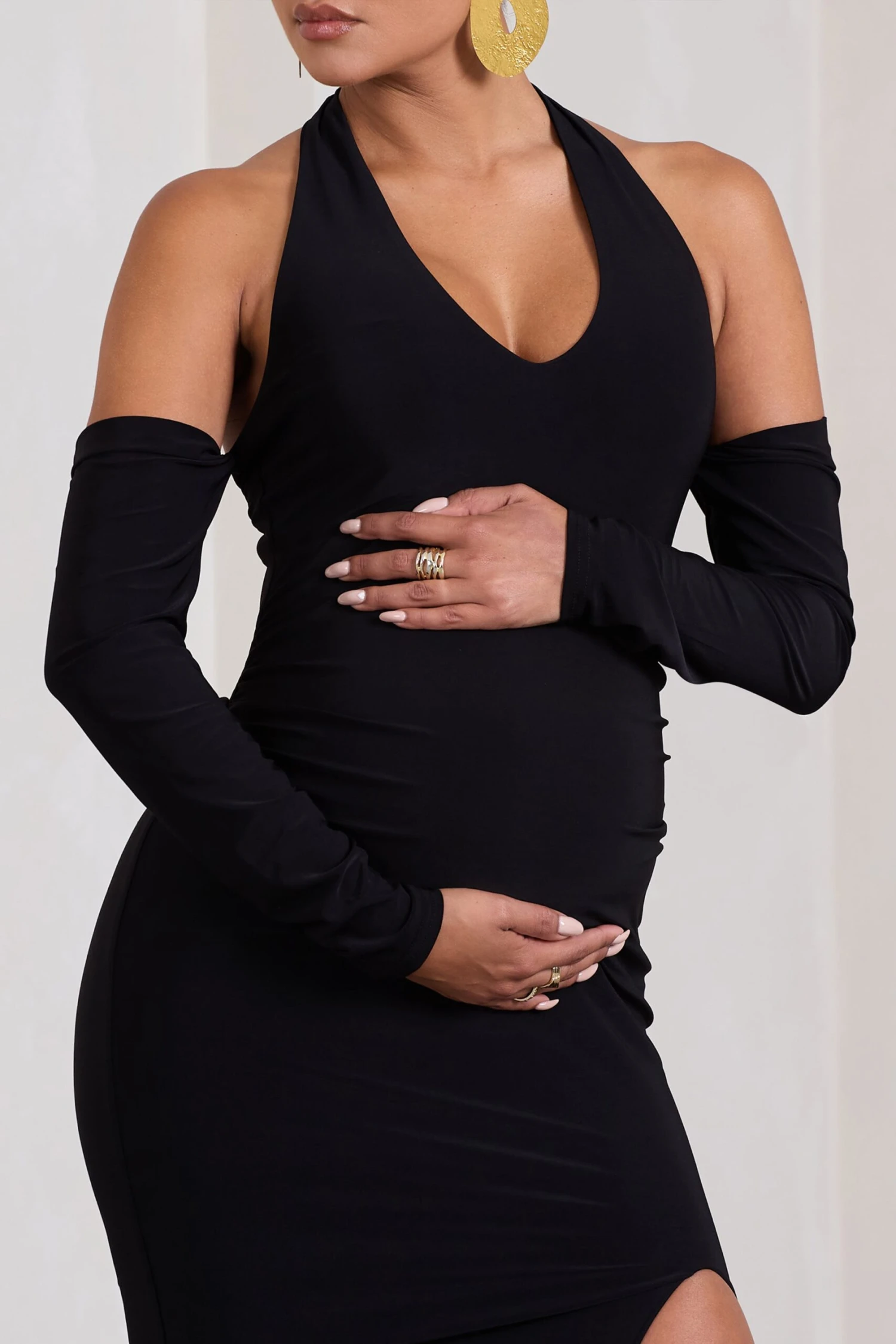 Solana | Black Halter-Neck Long-Sleeve Split Maternity Maxi Dress 5 Solana | Black Halter-Neck Long-Sleeve Split Maternity Maxi Dress - Image 3