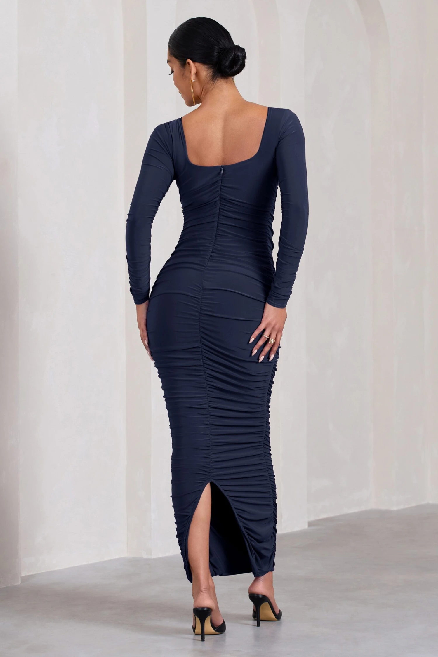 Prissie | Navy Ruched Square-Neck Long-Sleeve Maternity Maxi Dress 4 Prissie | Navy Ruched Square-Neck Long-Sleeve Maternity Maxi Dress - Image 2