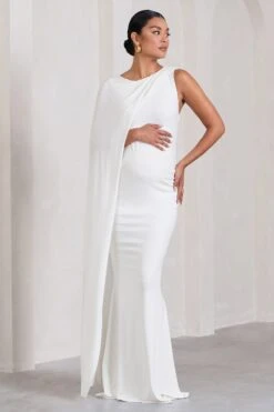 Unveil | White One-Sleeve Cape Maternity Maxi Dress -ENY Clothing Shop WB CL129835005 UnveilWhiteOne SleeveCapeMaternityMaxiDress2
