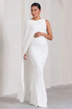Unveil | White One-Sleeve Cape Maternity Maxi Dress -ENY Clothing Shop WB CL129835005 UnveilWhiteOne SleeveCapeMaternityMaxiDress4