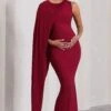 Unveil | Berry One-Sleeve Cape Maternity Maxi Dress