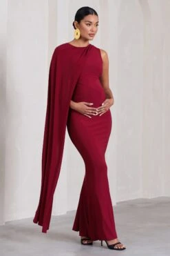 Unveil | Berry One-Sleeve Cape Maternity Maxi Dress -ENY Clothing Shop WB CL129835064 UnveilBerryOne SleeveCapeMaternityMaxiDress1