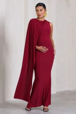 Unveil | Berry One-Sleeve Cape Maternity Maxi Dress -ENY Clothing Shop WB CL129835064 UnveilBerryOne SleeveCapeMaternityMaxiDress3
