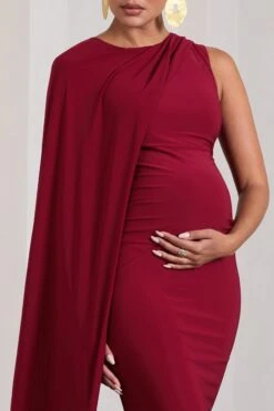 Unveil | Berry One-Sleeve Cape Maternity Maxi Dress -ENY Clothing Shop WB CL129835064 UnveilBerryOne SleeveCapeMaternityMaxiDress5