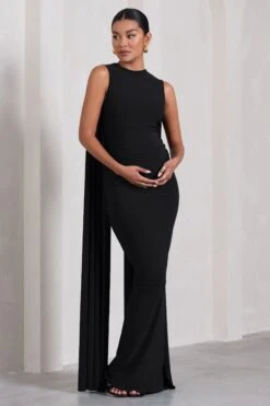 Allora | Black High-Neck Sleeveless Cape Maternity Maxi Dress -ENY Clothing Shop WB CL129838002 AlloraBlackHigh NeckSleevelessCapeMaternityMidiDress0