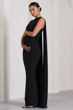 Allora | Black High-Neck Sleeveless Cape Maternity Maxi Dress -ENY Clothing Shop WB CL129838002 AlloraBlackHigh NeckSleevelessCapeMaternityMidiDress1