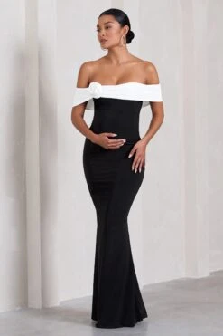 In Bloom | Black & White Bardot Maternity Maxi Dress With Flower -ENY Clothing Shop WB CL129840002 InBloomBlack WhiteBardotMaternityMaxiDressWithFlower2