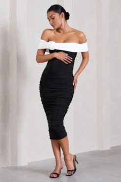 Prairie | Black & White Bardot Maternity Midi Dress With Flower -ENY Clothing Shop WB CL129841002 PrairieBlack WhiteBardotMaternityMidiDressWithFlower2