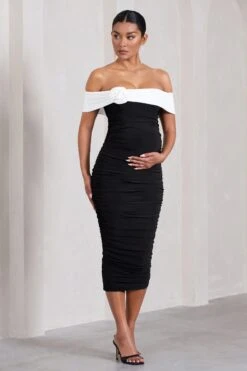 Prairie | Black & White Bardot Maternity Midi Dress With Flower -ENY Clothing Shop WB CL129841002 PrairieBlack WhiteBardotMaternityMidiDressWithFlower3