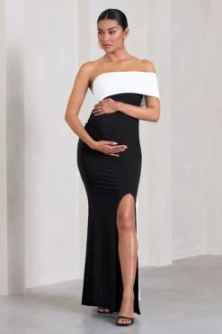 Real Love | Black & White Bardot Split Maternity Maxi Dress With Drape Detail 10 Real Love | Black & White Bardot Split Maternity Maxi Dress With Drape Detail -ENY Clothing Shop WB CL129842002 RealLoveBlack WhiteBardotSplitMaternityMaxiDressWithDrapeDetail3