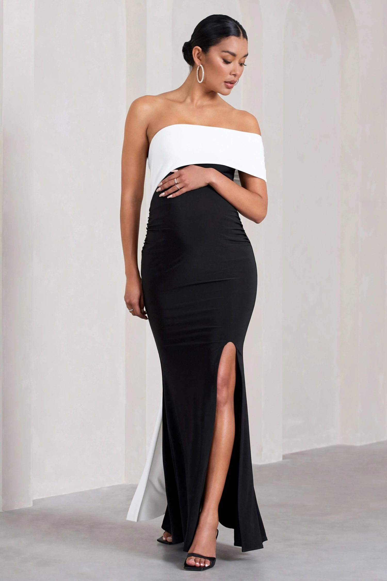 Real Love | Black & White Bardot Split Maternity Maxi Dress With Drape Detail 7 Real Love | Black & White Bardot Split Maternity Maxi Dress With Drape Detail - Image 5