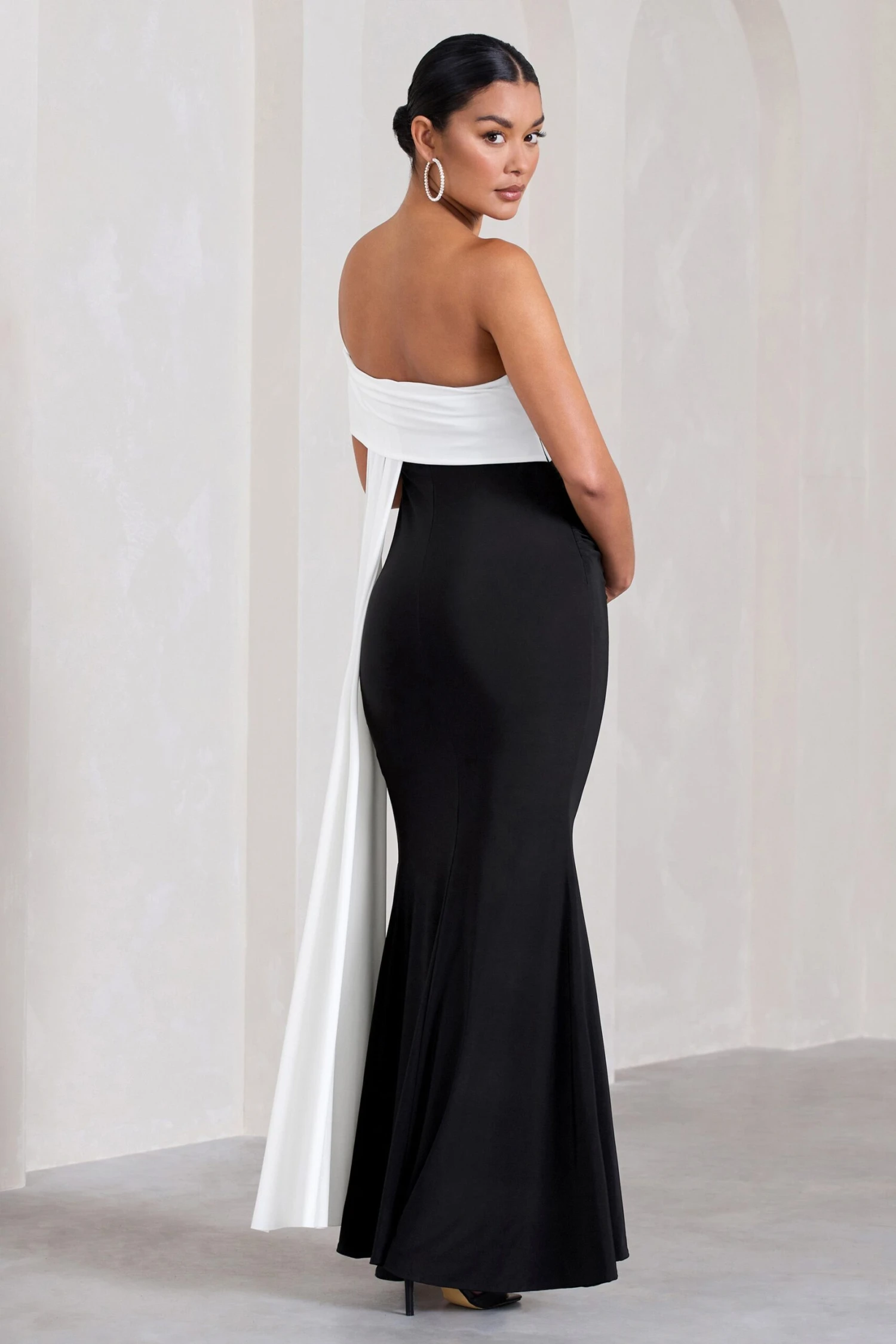 Real Love | Black & White Bardot Split Maternity Maxi Dress With Drape Detail 4 Real Love | Black & White Bardot Split Maternity Maxi Dress With Drape Detail - Image 2