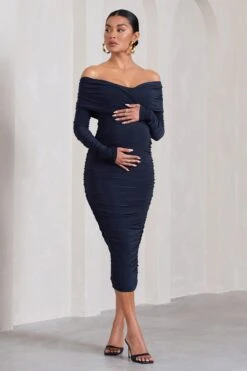Davina | Navy Ruched Twist Bardot Long-Sleeve Maternity Midi Dress -ENY Clothing Shop WB CL129847015 DavinaNavyRuchedTwistBardotLong SleeveMaternityMidiDress2