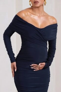 Davina | Navy Ruched Twist Bardot Long-Sleeve Maternity Midi Dress -ENY Clothing Shop WB CL129847015 DavinaNavyRuchedTwistBardotLong SleeveMaternityMidiDress3