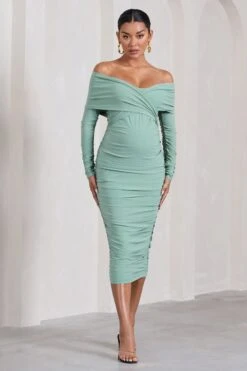 Davina | Sage Ruched Twist Bardot Long-Sleeve Maternity Midi Dress -ENY Clothing Shop WB CL129847068 DavinaSageRuchedTwistBardotLong SleeveMaternityMidiDress3