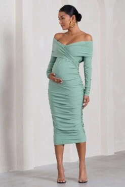 Davina | Sage Ruched Twist Bardot Long-Sleeve Maternity Midi Dress -ENY Clothing Shop WB CL129847068 DavinaSageRuchedTwistBardotLong SleeveMaternityMidiDress5