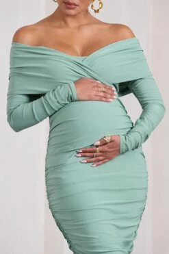 Davina | Sage Ruched Twist Bardot Long-Sleeve Maternity Midi Dress -ENY Clothing Shop WB CL129847068 DavinaSageRuchedTwistBardotLong SleeveMaternityMidiDress8