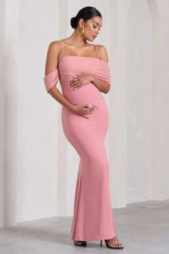 Augusta | Blush Pink Mesh Bardot Strappy Split Maternity Maxi Dress -ENY Clothing Shop WB CL129848081 AugustaBlushPinkMeshBardotStrappySplitMaternityMaxiDress2
