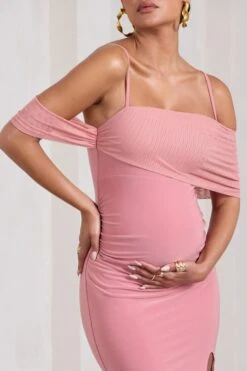 Augusta | Blush Pink Mesh Bardot Strappy Split Maternity Maxi Dress -ENY Clothing Shop WB CL129848081 AugustaBlushPinkMeshBardotStrappySplitMaternityMaxiDress6