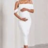 Shelby | White Mesh Bardot Strappy Maternity Midi Dress -ENY Clothing Shop WB CL129849005 ShelbyWhiteMeshBardotStrappyMaternityMidiDress0
