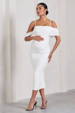 Shelby | White Mesh Bardot Strappy Maternity Midi Dress -ENY Clothing Shop WB CL129849005 ShelbyWhiteMeshBardotStrappyMaternityMidiDress2