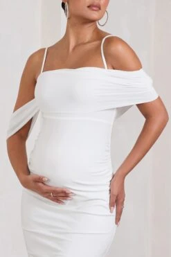 Shelby | White Mesh Bardot Strappy Maternity Midi Dress -ENY Clothing Shop WB CL129849005 ShelbyWhiteMeshBardotStrappyMaternityMidiDress6