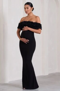 Inflorescence | Black Mesh Floral Bardot Maternity Maxi Dress