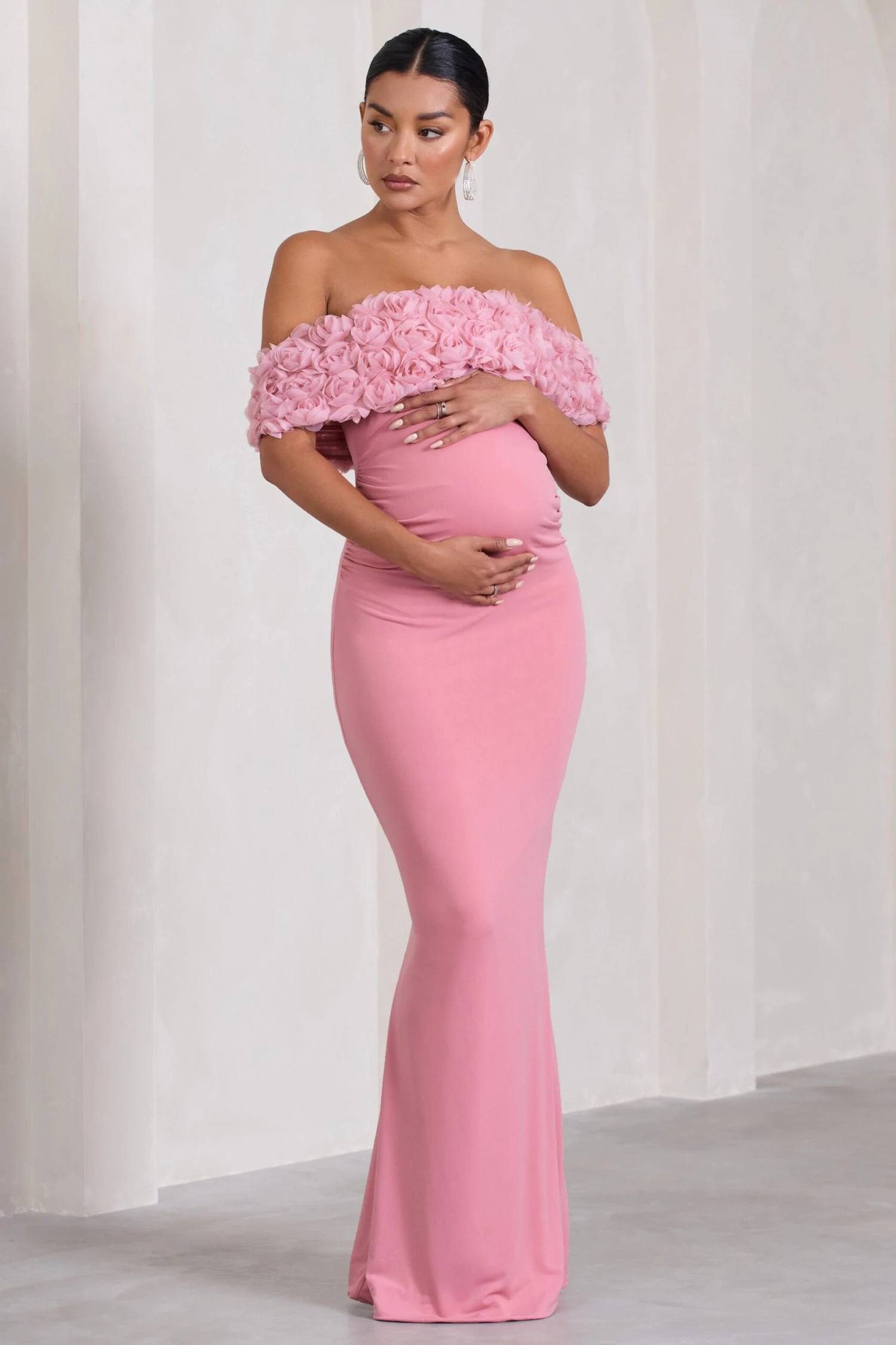 Inflorescence | Blush Pink Mesh Floral Bardot Maternity Maxi Dress 7 Inflorescence | Blush Pink Mesh Floral Bardot Maternity Maxi Dress - Image 5