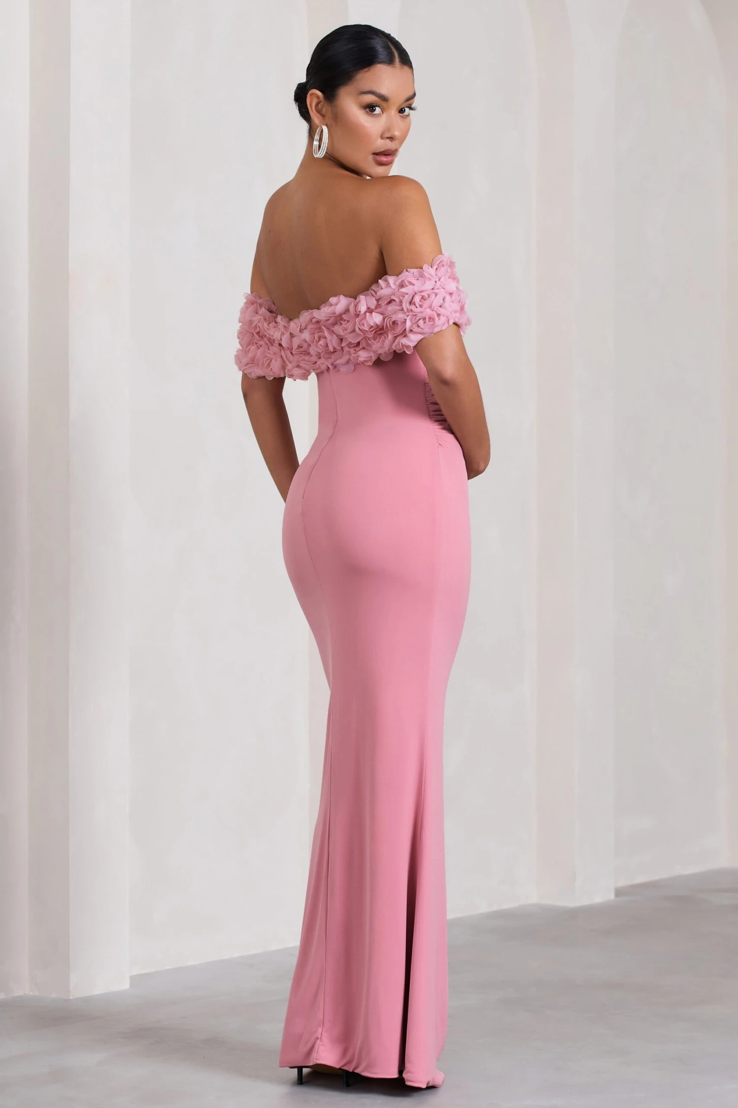 Inflorescence | Blush Pink Mesh Floral Bardot Maternity Maxi Dress 4 Inflorescence | Blush Pink Mesh Floral Bardot Maternity Maxi Dress - Image 2