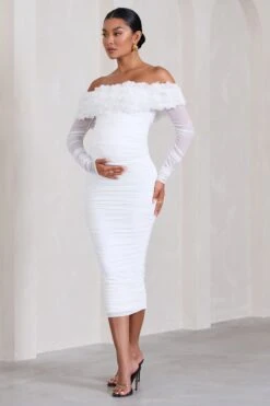 Orchid | White Ruched Mesh Floral Bardot Maternity Midi Dress -ENY Clothing Shop WB CL129852005 OrchidWhiteRuchedMeshFloralBardotMaternityMidiDress2