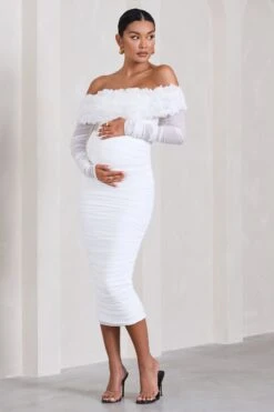 Orchid | White Ruched Mesh Floral Bardot Maternity Midi Dress -ENY Clothing Shop WB CL129852005 OrchidWhiteRuchedMeshFloralBardotMaternityMidiDress3