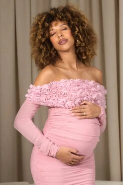 Orchid | Blush Pink Ruched Mesh Floral Bardot Maternity Midi Dress -ENY Clothing Shop WB CL129852081 OrchidBlushPinkRuchedMeshFloralBardotMaternityMidiDress4