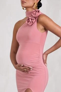 My Promise | Blush Pink Asymmetric Halter Collar Maternity Maxi Dress With Flowers -ENY Clothing Shop WB CL129853081 MyPromiseBlushPinkAsymmetricHalterCollarMaternityMaxiDressWithFlowers7