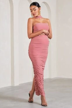 Truly | Blush Pink Ruched Maternity Maxi Dress With Halter Collar -ENY Clothing Shop WB CL129854081 TrulyBlushPinkRuchedMaternityMaxiDressWithHalterCollar1