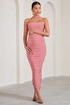 Truly | Blush Pink Ruched Maternity Maxi Dress With Halter Collar -ENY Clothing Shop WB CL129854081 TrulyBlushPinkRuchedMaternityMaxiDressWithHalterCollar2