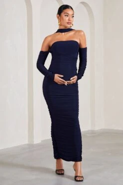 Joy | Navy Ruched Long-Sleeved Maternity Maxi Dress With Halter Collar -ENY Clothing Shop WB CL129855015 JoyNavyRuchedLong SleevedMaternityMaxiDressWithHalterCollar1