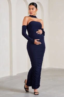 Joy | Navy Ruched Long-Sleeved Maternity Maxi Dress With Halter Collar -ENY Clothing Shop WB CL129855015 JoyNavyRuchedLong SleevedMaternityMaxiDressWithHalterCollar2