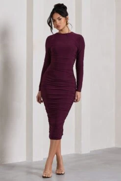 Emilie | Plum Ruched Long-Sleeve Midi Dress -ENY Clothing Shop WB CL129866101 EmiliePlumRuchedLong SleeveMidiDress2