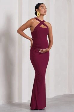Cross My Heart | Burgundy Sleeveless Cross-Neck Maternity Maxi Dress -ENY Clothing Shop WB CL129867069 CrossMyHeartBurgundySleevelessCross NeckMaternityMaxiDress3