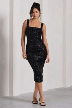 Starry Night | Black Sequin Square-Neck Midi Dress -ENY Clothing Shop WB CL129868002 StarryNightBlackSequinSquare NeckMidiDress1