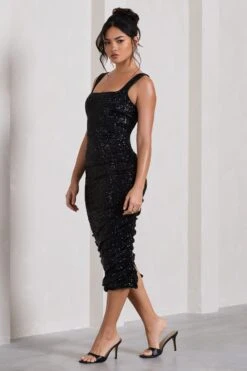 Starry Night | Black Sequin Square-Neck Midi Dress -ENY Clothing Shop WB CL129868002 StarryNightBlackSequinSquare NeckMidiDress2