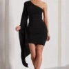 Palmer | Black Ruched One-Shoulder Asymmetric Mini Dress With Cape Sleeve -ENY Clothing Shop WB CL129882002 PalmerBlackRuchedOne ShoulderAsymmetricMiniDressWithCapeSleeve12