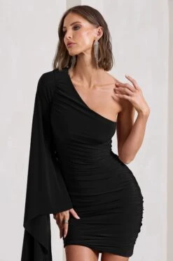 Palmer | Black Ruched One-Shoulder Asymmetric Mini Dress With Cape Sleeve -ENY Clothing Shop WB CL129882002 PalmerBlackRuchedOne ShoulderAsymmetricMiniDressWithCapeSleeve13