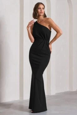 Michelle | Black One-Shoulder Gathered Maxi Dress -ENY Clothing Shop WB CL129884002 MichelleBlackOne ShoulderGatheredMaxiDress5